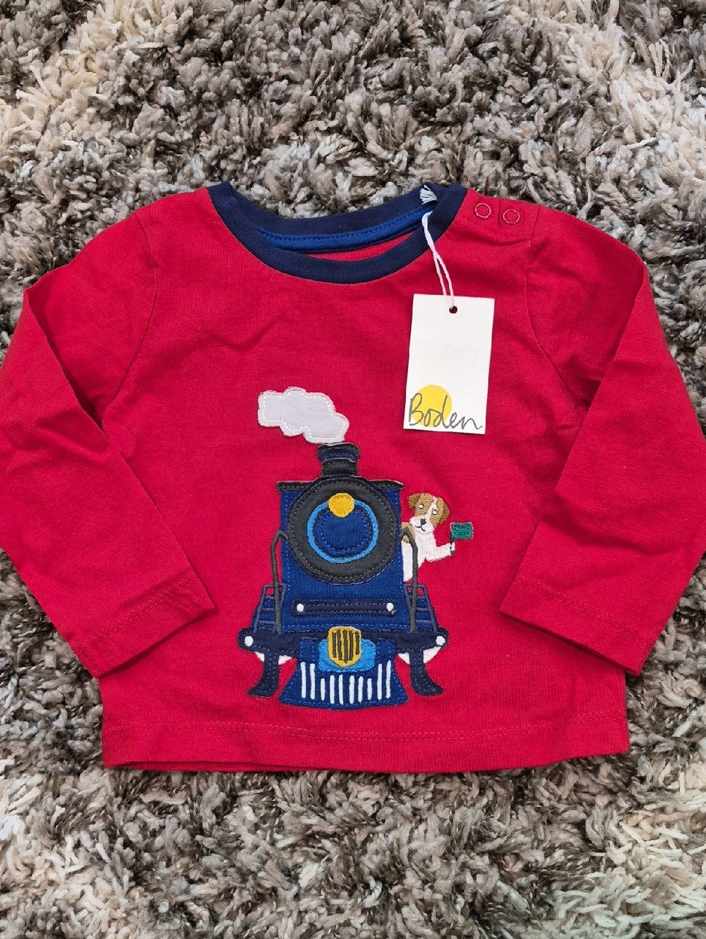 Baby Boden Long Sleeve Appliqué Train T-Shirt